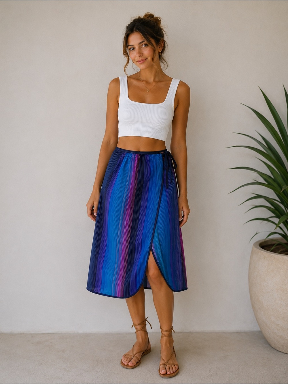 Jantzen USA Made Wrap Tie Skirt Blue Purple Striped Midi Size Small